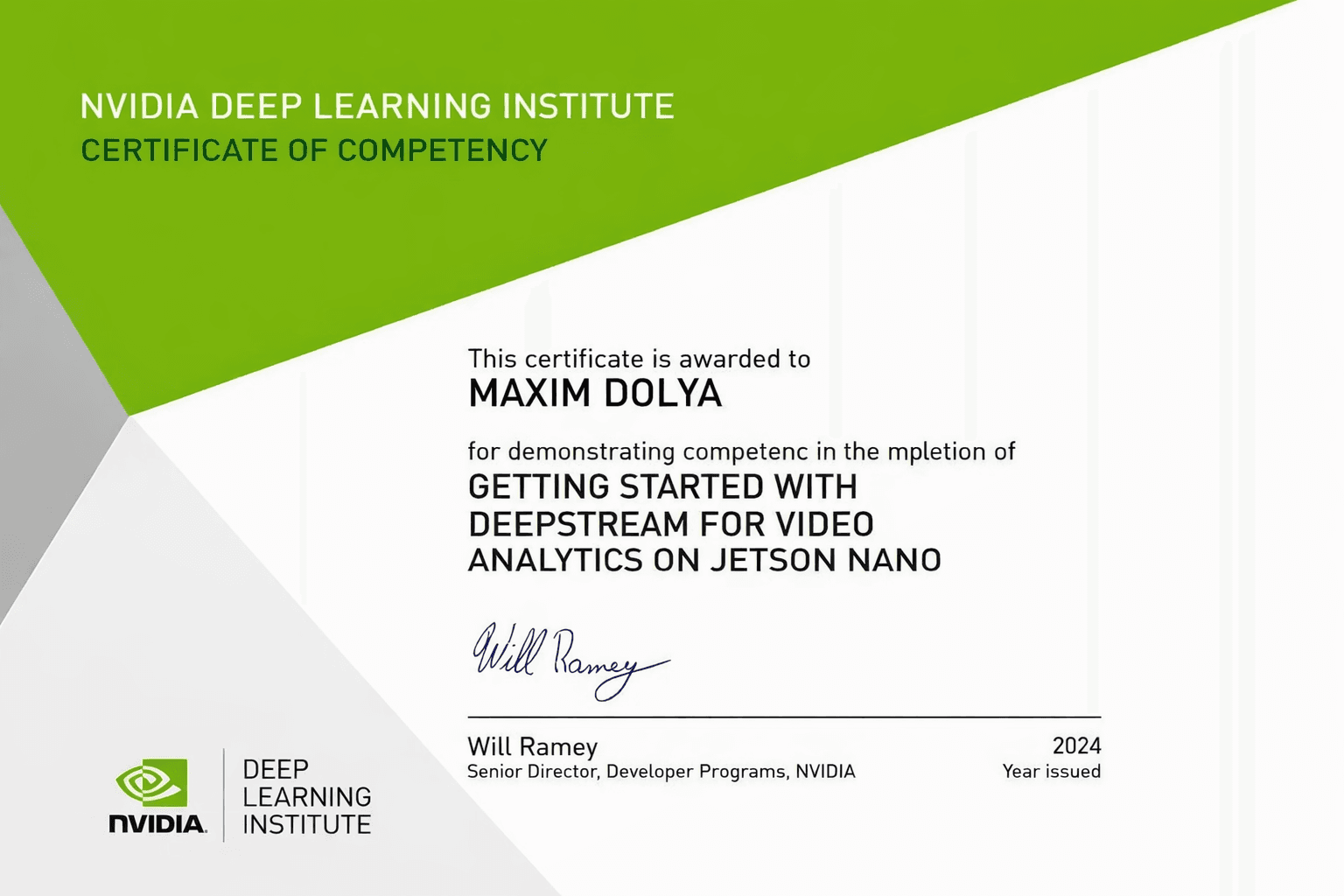 Сертификат: NVIDIA Deep Learning Institute